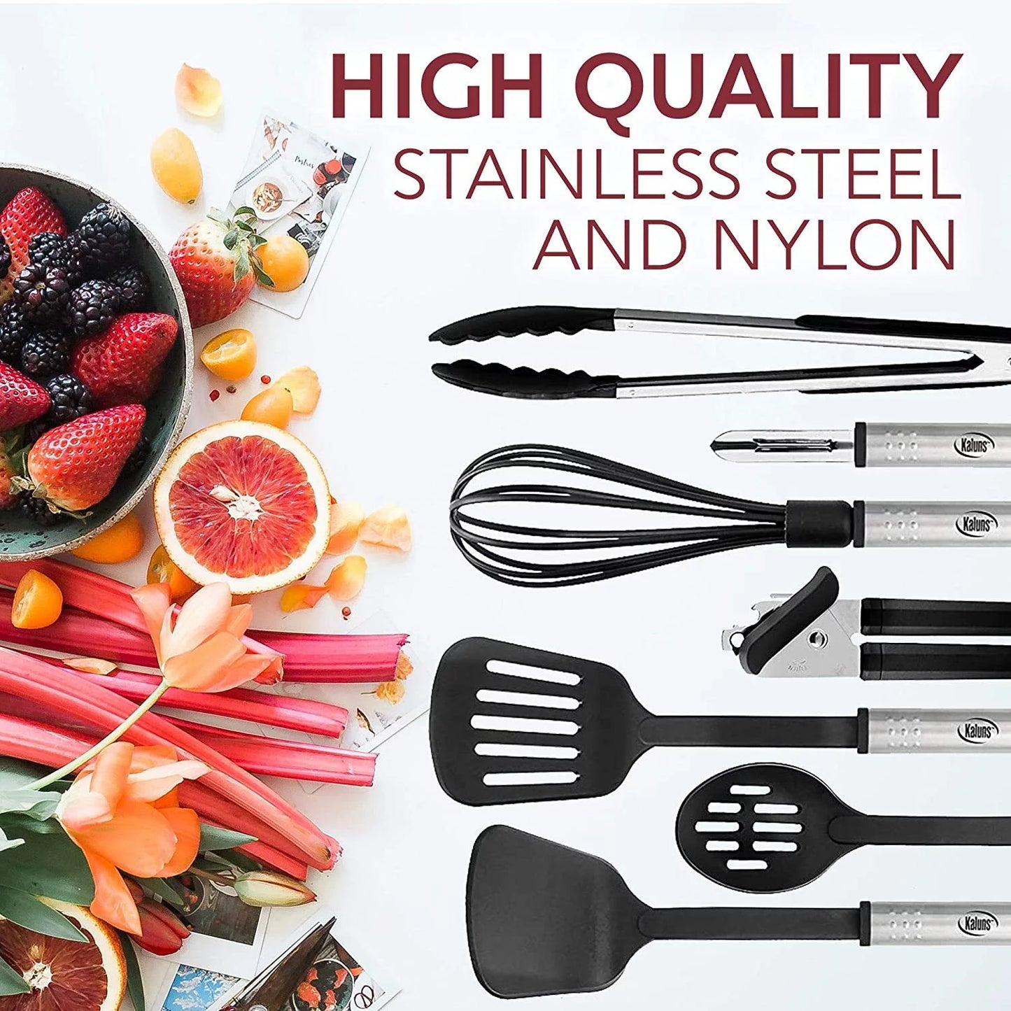 Stainless Steel Cooking Utensil Set, Non-Stick Cookware Set, 24Pc Heat Resistant Nylon Kitchen Accessories, Black