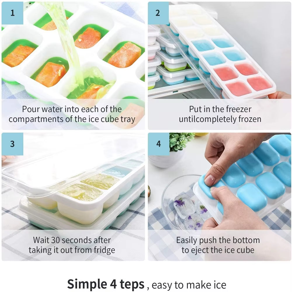 4Pcs/Set Cubetray Stackable 14 Grid Silicone Ice Mold with Removable Lid Easy-Release for Cocktail Freezer Kitchen Tools