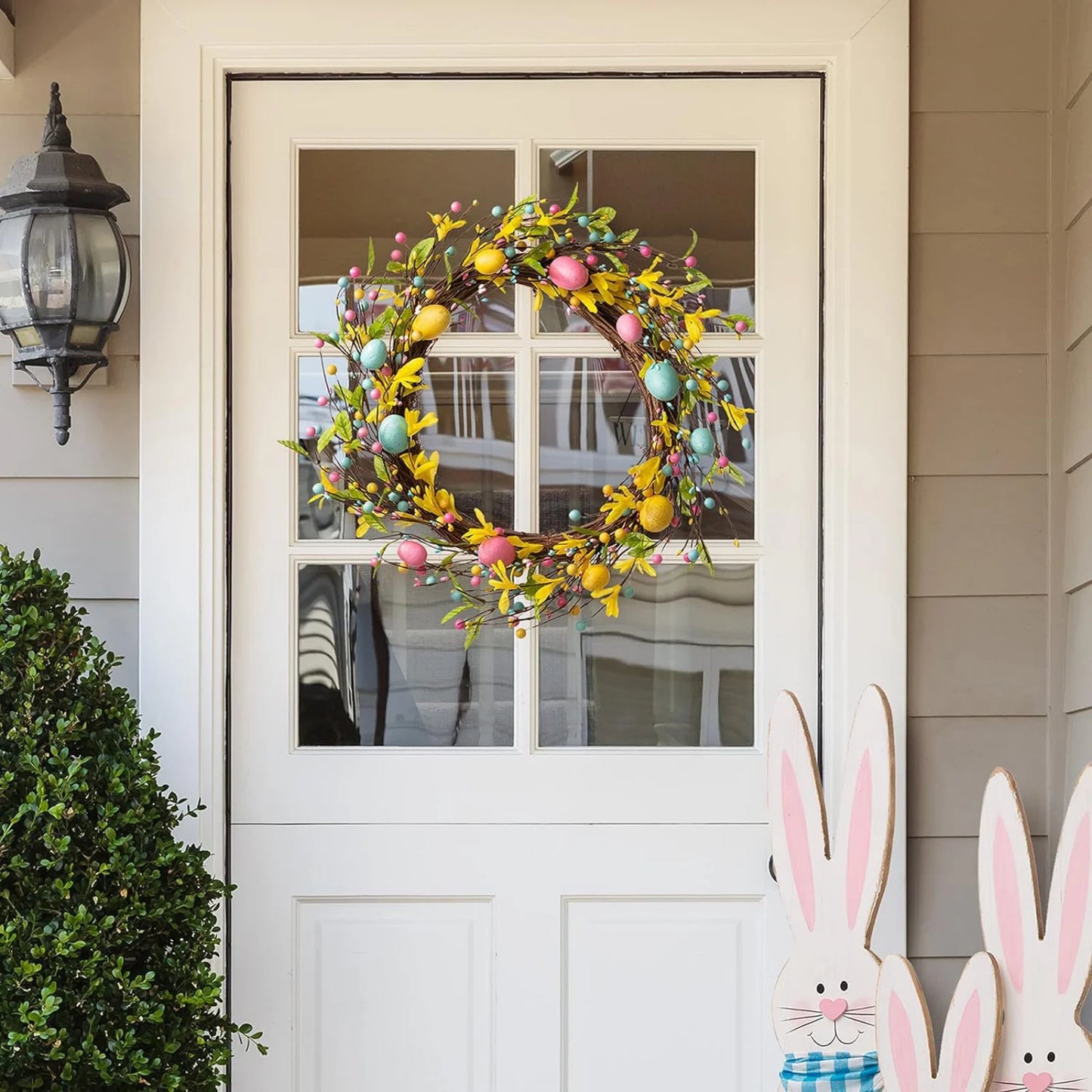 Easter Bunny Wreath for Front Door,Easter Wreaths Artificial Easter Egg Rabbit Garland,Easter Decor,13.7X11.8Inch