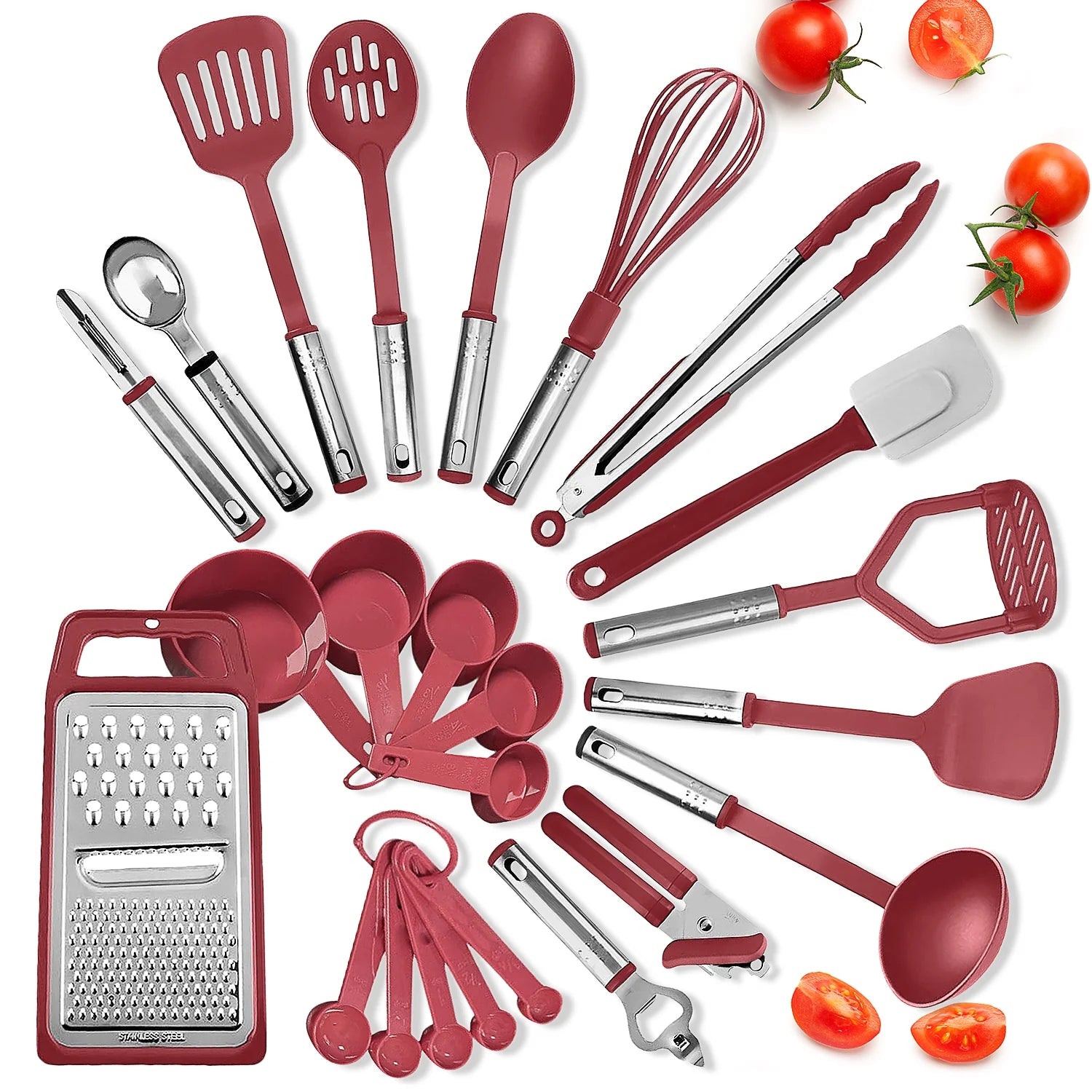 Stainless Steel Cooking Utensil Set, Non-Stick Cookware Set, 24Pc Heat Resistant Nylon Kitchen Accessories, Red