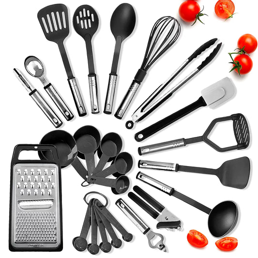 Stainless Steel Cooking Utensil Set, Non-Stick Cookware Set, 24Pc Heat Resistant Nylon Kitchen Accessories, Black