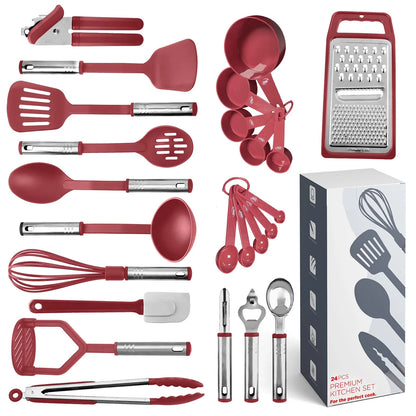 Stainless Steel Cooking Utensil Set, Non-Stick Cookware Set, 24Pc Heat Resistant Nylon Kitchen Accessories, Red