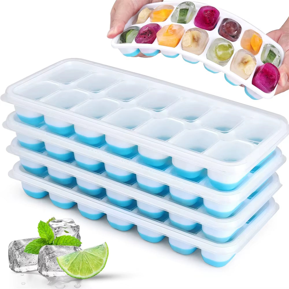 4Pcs/Set Cubetray Stackable 14 Grid Silicone Ice Mold with Removable Lid Easy-Release for Cocktail Freezer Kitchen Tools